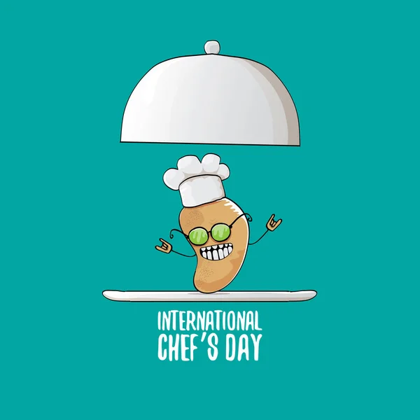 Tarjeta de felicitación o banner internacional del día del chef. vector divertido dibujos animados pequeña papa chef sonriente marrón con sombrero de chef aislado sobre fondo azul. — Archivo Imágenes Vectoriales