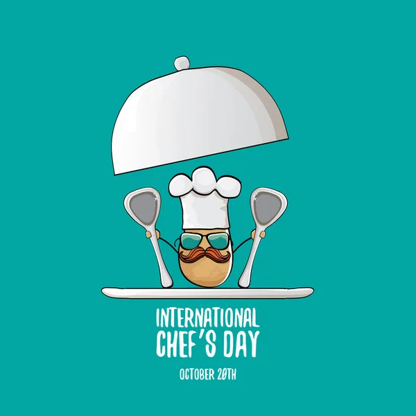 Tarjeta de felicitación o banner internacional del día del chef. vector divertido dibujos animados pequeña papa chef sonriente marrón con sombrero de chef aislado sobre fondo azul. — Archivo Imágenes Vectoriales