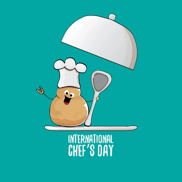 Tarjeta de felicitación o banner internacional del día del chef. vector divertido dibujos animados pequeña papa chef sonriente marrón con sombrero de chef aislado sobre fondo azul. — Archivo Imágenes Vectoriales