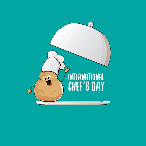 Tarjeta de felicitación o banner internacional del día del chef. vector divertido dibujos animados pequeña papa chef sonriente marrón con sombrero de chef aislado sobre fondo azul. — Archivo Imágenes Vectoriales