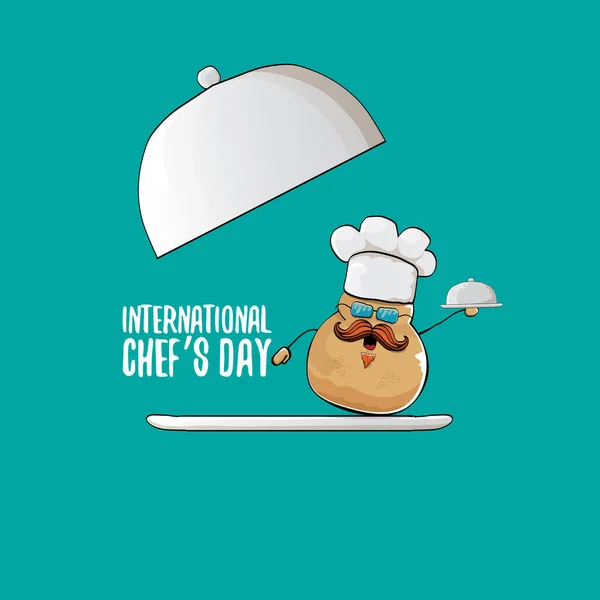 Tarjeta de felicitación o banner internacional del día del chef. vector divertido dibujos animados pequeña papa chef sonriente marrón con sombrero de chef aislado sobre fondo azul. — Archivo Imágenes Vectoriales