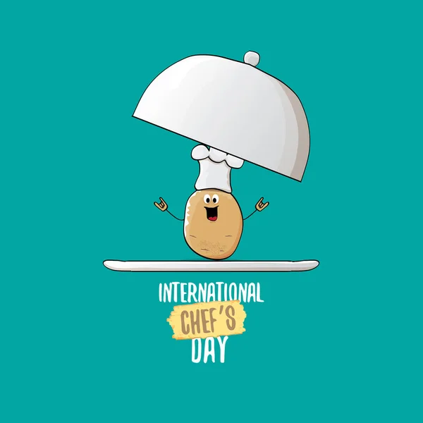 Tarjeta de felicitación o banner internacional del día del chef. vector divertido dibujos animados pequeña papa chef sonriente marrón con sombrero de chef aislado sobre fondo azul. — Archivo Imágenes Vectoriales