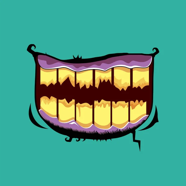 Dibujos animados vectorial divertida boca monstruo zombie con dientes podridos aislados sobre un fondo azul. Vector feliz Halloween niños camiseta plantilla de diseño con la boca del monstruo funky — Archivo Imágenes Vectoriales
