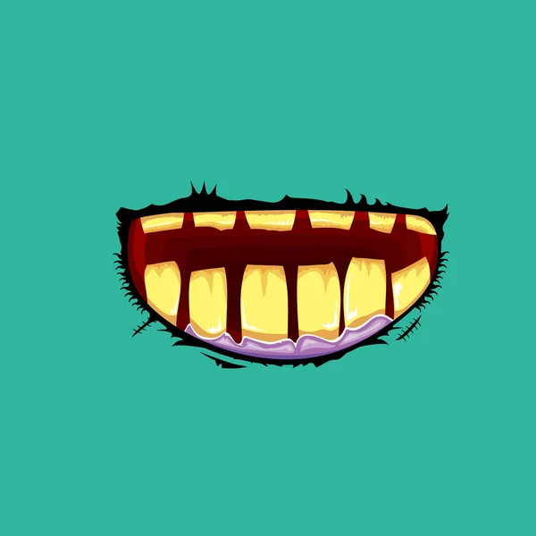 Dessin animé vectoriel drôle zombie monstre bouche avec des dents pourries isolé sur un fond azur. Modèle de conception de t-shirt enfant heureux vecteur Halloween avec bouche monstre funky — Image vectorielle