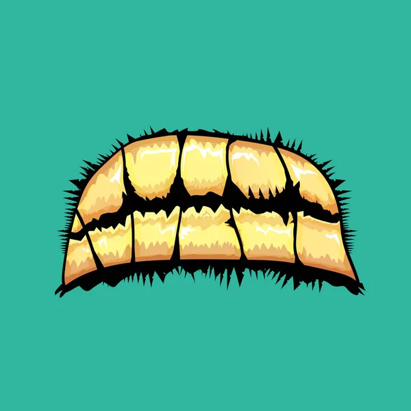 Vektor kartun lucu zombie rakasa mulut dengan gigi busuk terisolasi pada latar belakang azure. Vektor bahagia Halloween anak-anak t-shirt desain templat dengan mulut monster funky - Stok Vektor