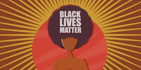 Black lives matter banner with afro american girl silhouette with afro style hair. Las vidas negras importan póster gráfico o plantilla de diseño impreso contra la discriminación racial con la mujer negra — Vector de stock