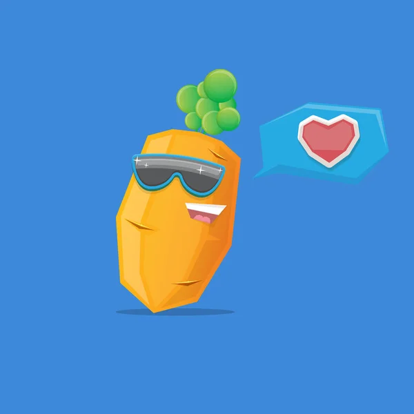Vector grappige cartoon wortel karakter met zonnebril geïsoleerd op blauwe achtergrond. funky lachende zomer groente karakter — Stockvector