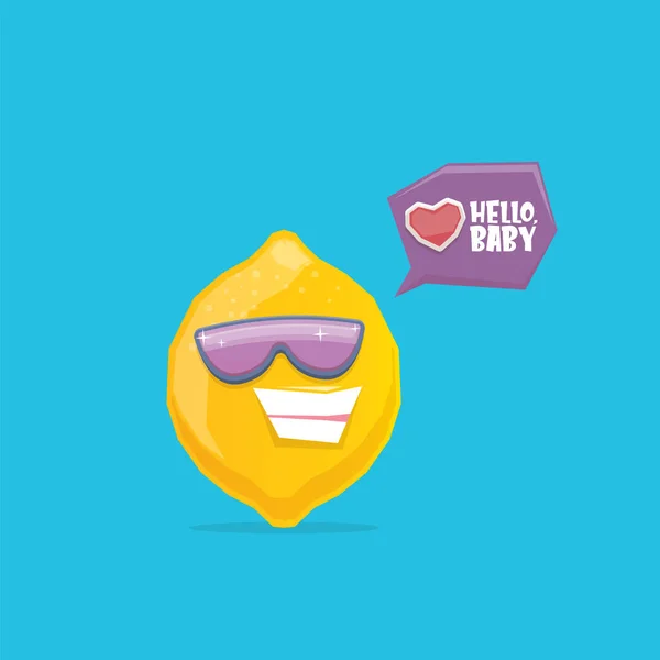 Vecteur drôle personnage de dessin animé citron avec des lunettes de soleil isolées sur fond bleu. funky souriant caractère de fruits d'été — Image vectorielle