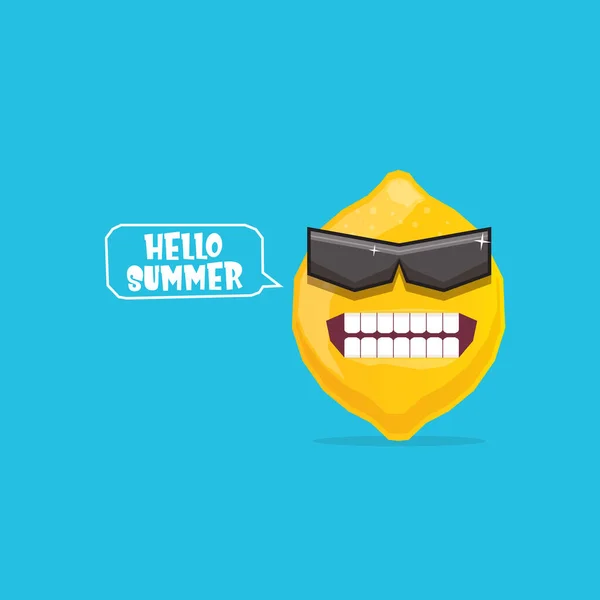 Vector divertido personaje de dibujos animados limón con gafas de sol aisladas sobre fondo azul. carácter de fruta de verano sonriente funky — Vector de stock