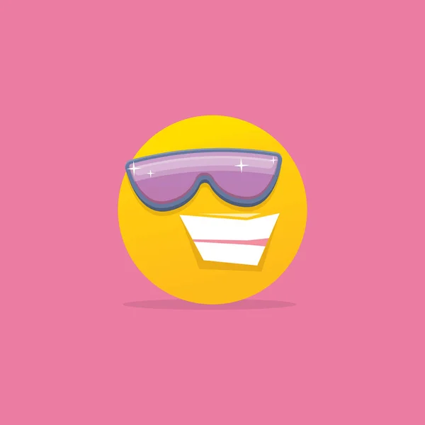 Smiling face with sunglasses emoji isolated on pink background. Smile icon or label. Social media sign — Stock Vector