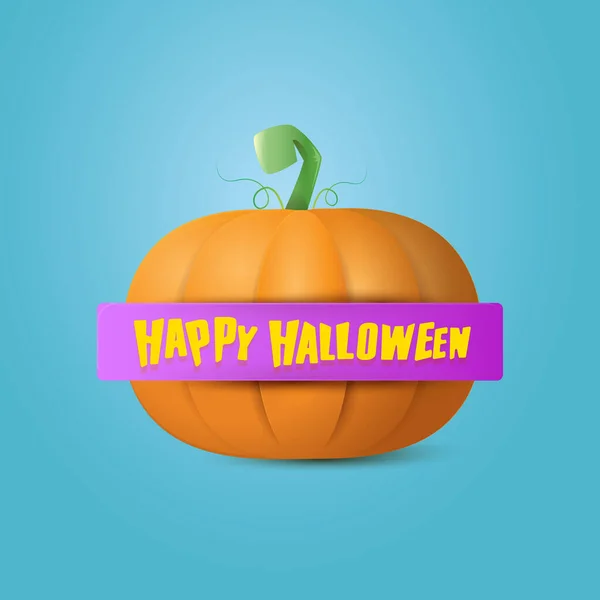 Happy Halloween creative greeting card or icon with big orange realistic vector pumkin and ribbon on azure background . Funky kids Halloween banner or label with halloween text . — Stock Vector