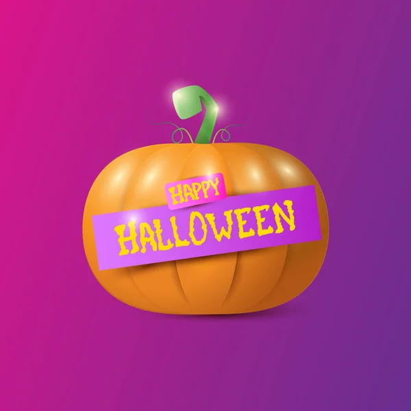 Glad Halloween kreativa gratulationskort eller ikon med stora orange realistiska vektor pumpa och band på violett bakgrund. Funky kids Halloween banner eller etikett med halloween text . — Stock vektor