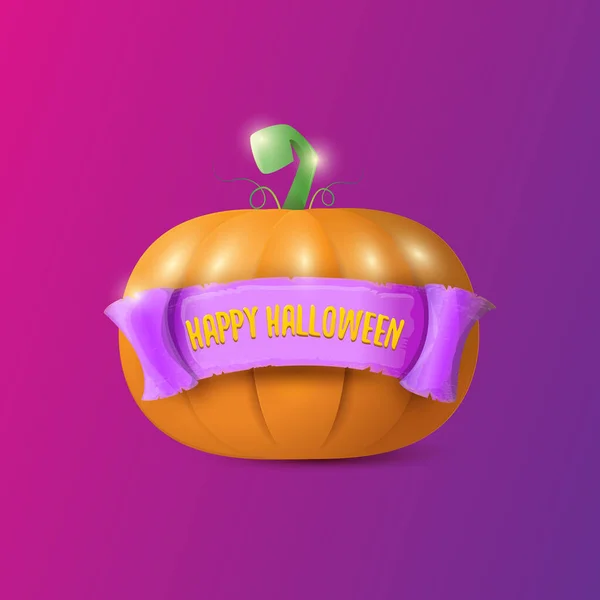Glad Halloween kreativa gratulationskort eller ikon med stora orange realistiska vektor pumpa och band på violett bakgrund. Funky kids Halloween banner eller etikett med halloween text . — Stock vektor