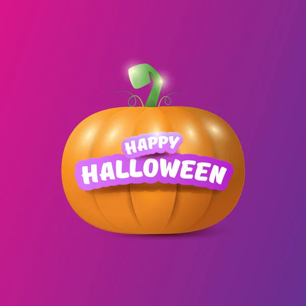 Glad Halloween kreativa gratulationskort eller ikon med stora orange realistiska vektor pumpa och band på violett bakgrund. Funky kids Halloween banner eller etikett med halloween text . — Stock vektor