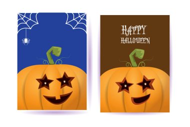 Cadılar Bayramı dikey çizgi film posterleri. Cadılar Bayramı korkunç balkabaklarıyla süslenmiş. Tuhaf çocuklar için Cadılar Bayramı arkaplanı metin için alan