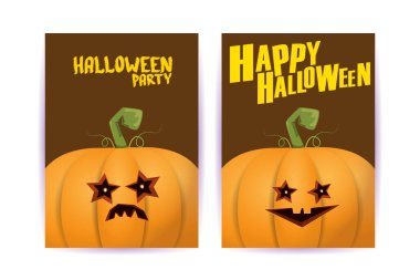 Cadılar Bayramı dikey çizgi film posterleri. Cadılar Bayramı korkunç balkabaklarıyla süslenmiş. Tuhaf çocuklar için Cadılar Bayramı arkaplanı metin için alan