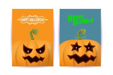 Cadılar Bayramı dikey çizgi film posterleri. Cadılar Bayramı korkunç balkabaklarıyla süslenmiş. Tuhaf çocuklar için Cadılar Bayramı arkaplanı metin için alan