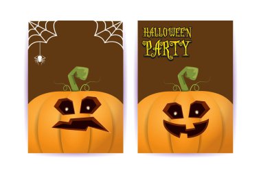 Cadılar Bayramı dikey çizgi film posterleri. Cadılar Bayramı korkunç balkabaklarıyla süslenmiş. Tuhaf çocuklar için Cadılar Bayramı arkaplanı metin için alan