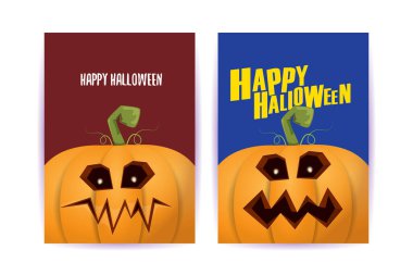 Cadılar Bayramı dikey çizgi film posterleri. Cadılar Bayramı korkunç balkabaklarıyla süslenmiş. Tuhaf çocuklar için Cadılar Bayramı arkaplanı metin için alan