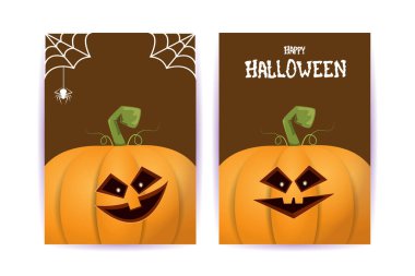 Cadılar Bayramı dikey çizgi film posterleri. Cadılar Bayramı korkunç balkabaklarıyla süslenmiş. Tuhaf çocuklar için Cadılar Bayramı arkaplanı metin için alan