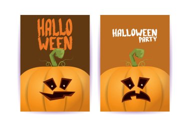 Cadılar Bayramı dikey çizgi film posterleri. Cadılar Bayramı korkunç balkabaklarıyla süslenmiş. Tuhaf çocuklar için Cadılar Bayramı arkaplanı metin için alan