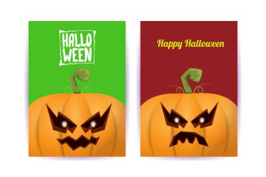 Cadılar Bayramı dikey çizgi film posterleri. Cadılar Bayramı korkunç balkabaklarıyla süslenmiş. Tuhaf çocuklar için Cadılar Bayramı arkaplanı metin için alan