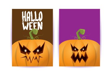 Cadılar Bayramı dikey çizgi film posterleri. Cadılar Bayramı korkunç balkabaklarıyla süslenmiş. Tuhaf çocuklar için Cadılar Bayramı arkaplanı metin için alan