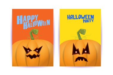 Cadılar Bayramı dikey çizgi film posterleri. Cadılar Bayramı korkunç balkabaklarıyla süslenmiş. Tuhaf çocuklar için Cadılar Bayramı arkaplanı metin için alan