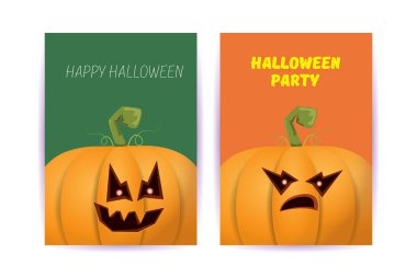 Cadılar Bayramı dikey çizgi film posterleri. Cadılar Bayramı korkunç balkabaklarıyla süslenmiş. Tuhaf çocuklar için Cadılar Bayramı arkaplanı metin için alan