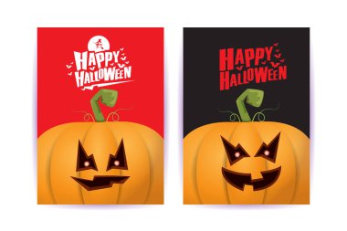 Cadılar Bayramı dikey çizgi film posterleri. Cadılar Bayramı korkunç balkabaklarıyla süslenmiş. Tuhaf çocuklar için Cadılar Bayramı arkaplanı metin için alan