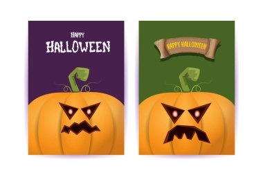 Cadılar Bayramı dikey çizgi film posterleri. Cadılar Bayramı korkunç balkabaklarıyla süslenmiş. Tuhaf çocuklar için Cadılar Bayramı arkaplanı metin için alan