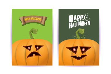 Cadılar Bayramı dikey çizgi film posterleri. Cadılar Bayramı korkunç balkabaklarıyla süslenmiş. Tuhaf çocuklar için Cadılar Bayramı arkaplanı metin için alan