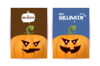 Cadılar Bayramı dikey çizgi film posterleri. Cadılar Bayramı korkunç balkabaklarıyla süslenmiş. Tuhaf çocuklar için Cadılar Bayramı arkaplanı metin için alan