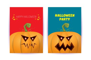 Cadılar Bayramı dikey çizgi film posterleri. Cadılar Bayramı korkunç balkabaklarıyla süslenmiş. Tuhaf çocuklar için Cadılar Bayramı arkaplanı metin için alan