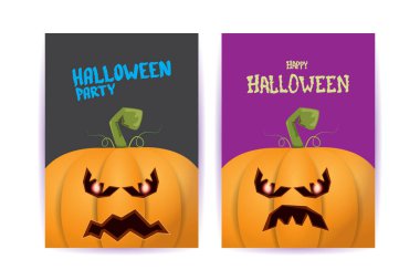 Cadılar Bayramı dikey çizgi film posterleri. Cadılar Bayramı korkunç balkabaklarıyla süslenmiş. Tuhaf çocuklar için Cadılar Bayramı arkaplanı metin için alan