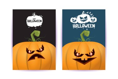 Cadılar Bayramı dikey çizgi film posterleri. Cadılar Bayramı korkunç balkabaklarıyla süslenmiş. Tuhaf çocuklar için Cadılar Bayramı arkaplanı metin için alan