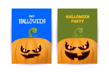 Cadılar Bayramı dikey çizgi film posterleri. Cadılar Bayramı korkunç balkabaklarıyla süslenmiş. Tuhaf çocuklar için Cadılar Bayramı arkaplanı metin için alan