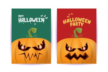 Cadılar Bayramı dikey çizgi film posterleri. Cadılar Bayramı korkunç balkabaklarıyla süslenmiş. Tuhaf çocuklar için Cadılar Bayramı arkaplanı metin için alan