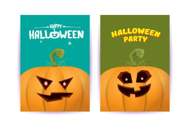 Cadılar Bayramı dikey çizgi film posterleri. Cadılar Bayramı korkunç balkabaklarıyla süslenmiş. Tuhaf çocuklar için Cadılar Bayramı arkaplanı metin için alan