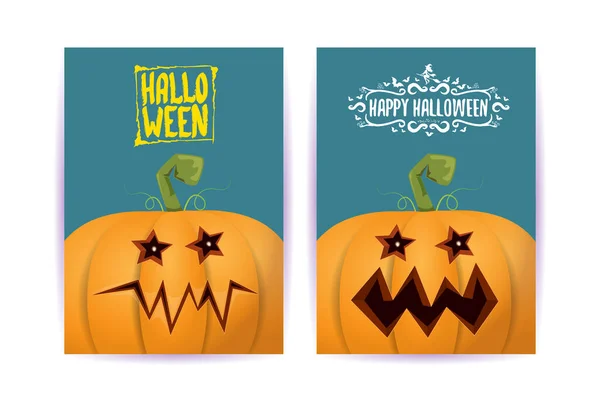 Carteles de dibujos animados verticales de Halloween con calabazas de miedo de Halloween. Fondo de Halloween Funky kids con espacio para texto — Vector de stock