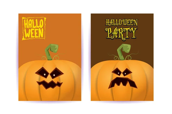 Carteles de dibujos animados verticales de Halloween con calabazas de miedo de Halloween. Fondo de Halloween Funky kids con espacio para texto — Vector de stock