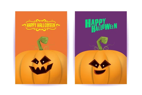 Carteles de dibujos animados verticales de Halloween con calabazas de miedo de Halloween. Fondo de Halloween Funky kids con espacio para texto — Vector de stock