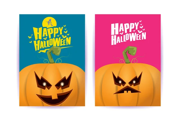 Carteles de dibujos animados verticales de Halloween con calabazas de miedo de Halloween. Fondo de Halloween Funky kids con espacio para texto — Vector de stock
