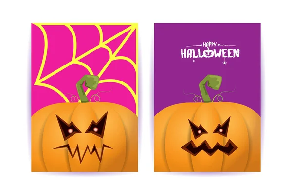 Carteles de dibujos animados verticales de Halloween con calabazas de miedo de Halloween. Fondo de Halloween Funky kids con espacio para texto — Vector de stock