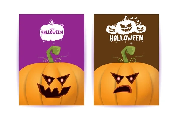 Carteles de dibujos animados verticales de Halloween con calabazas de miedo de Halloween. Fondo de Halloween Funky kids con espacio para texto — Vector de stock