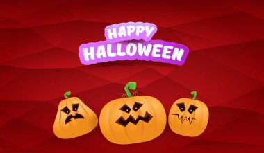 Cadılar Bayramı Yatay Ağ Afişi ya da kırmızı arka planda izole edilmiş korkunç balkabağı çetesi posterleri. Tuhaf çocuklar için Cadılar Bayramı tebrikleri içeren bir geçmiş