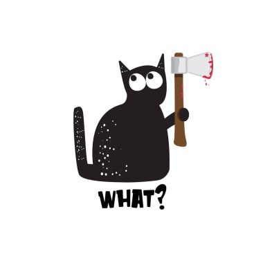 Siyah kedi ve balta beyaz arka planda izole edilmiş. Elinde kanlı bir balta tutan komik bir cadılar bayramı kara kedisi. Cadılar Bayramı tasviri