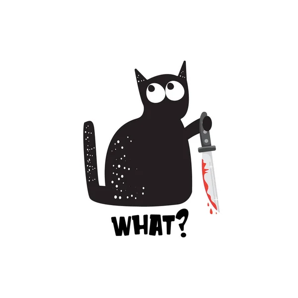Gato preto e faca isolado no fundo branco. Gato preto Halloween engraçado segurando uma faca sangrenta. ilustração conceito Halloween — Vetor de Stock