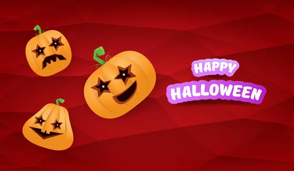 Halloween Horizontal web Banner lub plakat z Halloween straszne dynie gang izolowany na czerwonym tle. Funky dzieci Halloween koncepcja tła z tekstem powitalnym — Wektor stockowy