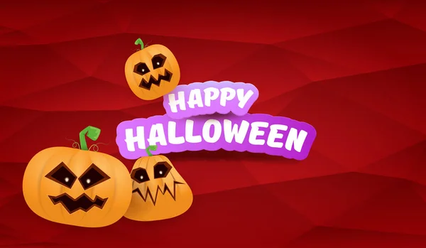 Halloween Horizontal web Banner or poster with Halloween scary pumpkins gang isolated on a red background. Funky kids Halloween concept background with greeting text — Stock Vector